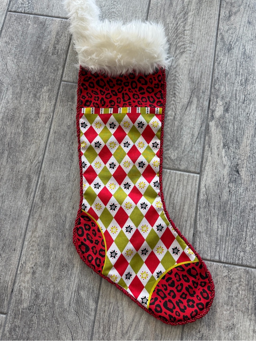 New Handmade Whimsical Holiday Christmas Stocking with White Faux Fur Cuff